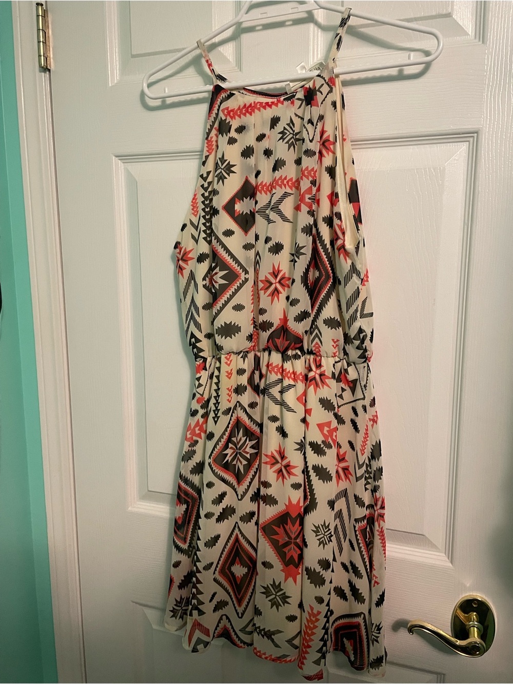 Aniina Cream Aztec Print Halter Dress with Coral and Black Accents